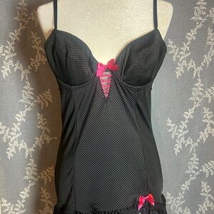 Rampage Ultimate Black Polka Dot Babydoll Chemise | Pink Bow | Size Large